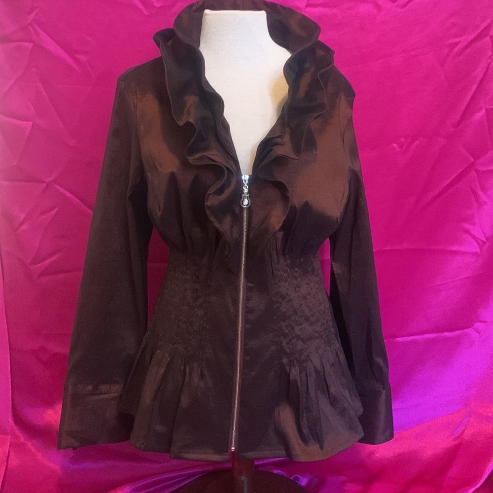 Women’s Brown Ruffled Zip-Front Jacket, size L
